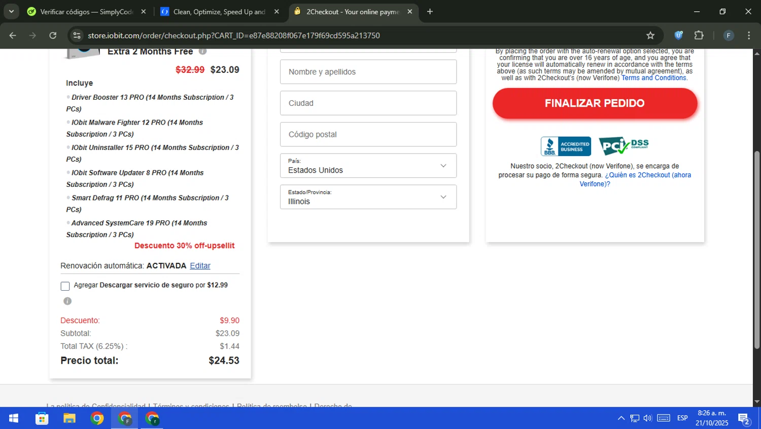 IObit coupon code screenshot showing code UPSELLIT30 applied at IObit checkout page. Uploaded by SimplyCodes community member pajarito on Oct 21, 2025