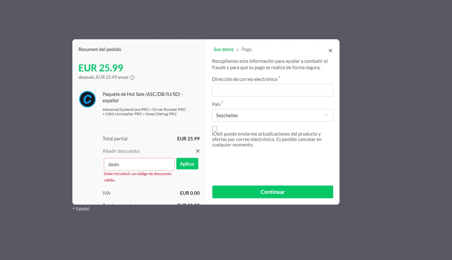 IObit coupon code screenshot showing code deals applied at IObit checkout page. Uploaded by SimplyCodes community member CashSentinel5495 on May 29, 2025