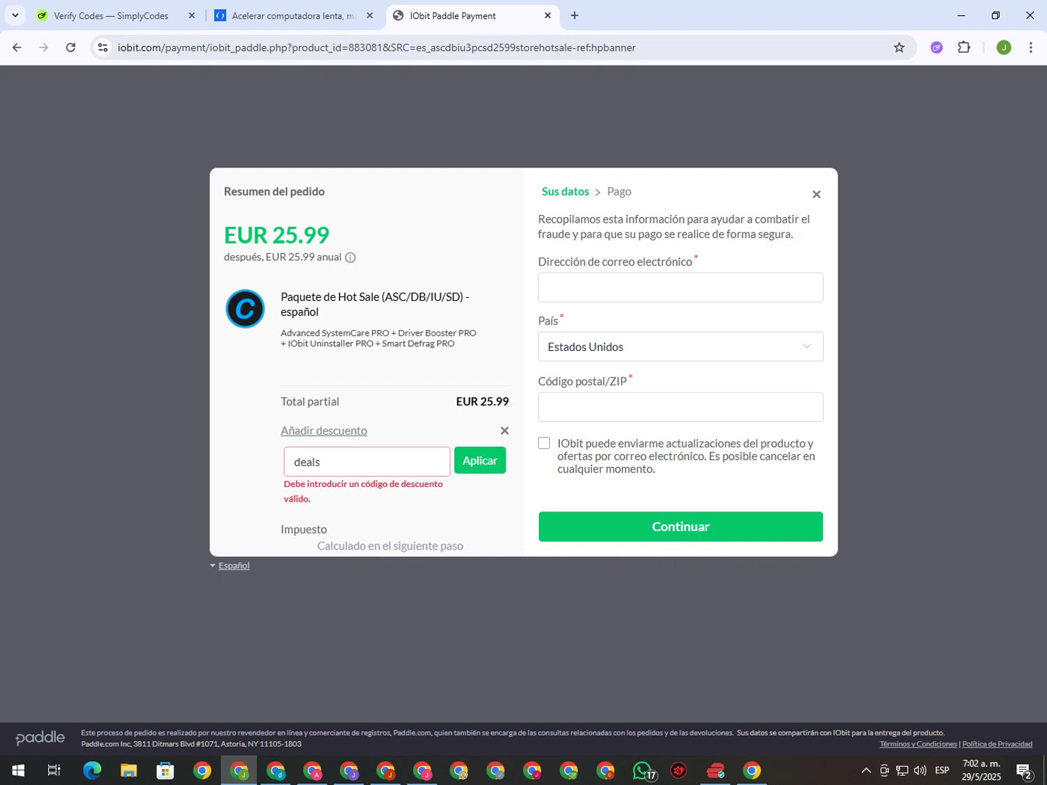 IObit coupon code screenshot showing code deals applied at IObit checkout page. Uploaded by SimplyCodes community member MightyFinder1041 on May 29, 2025