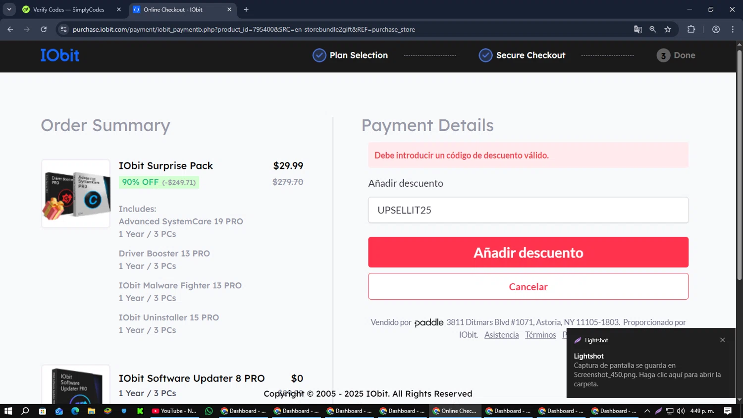 IObit coupon code screenshot showing code UPSELLIT25 applied at IObit checkout page. Uploaded by SimplyCodes community member SmartMaverick5327 on Dec 25, 2025