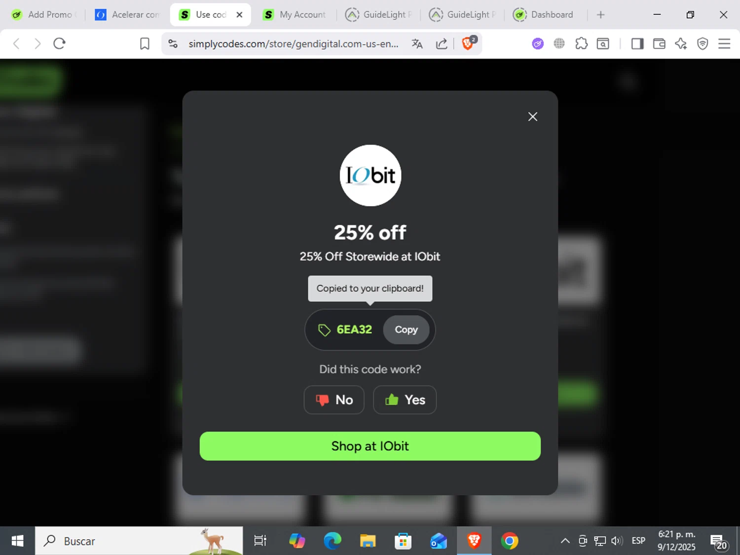 IObit coupon code screenshot showing code 6EA32 applied at IObit checkout page. Uploaded by SimplyCodes community member ScanWarden9985 on Dec 9, 2025
