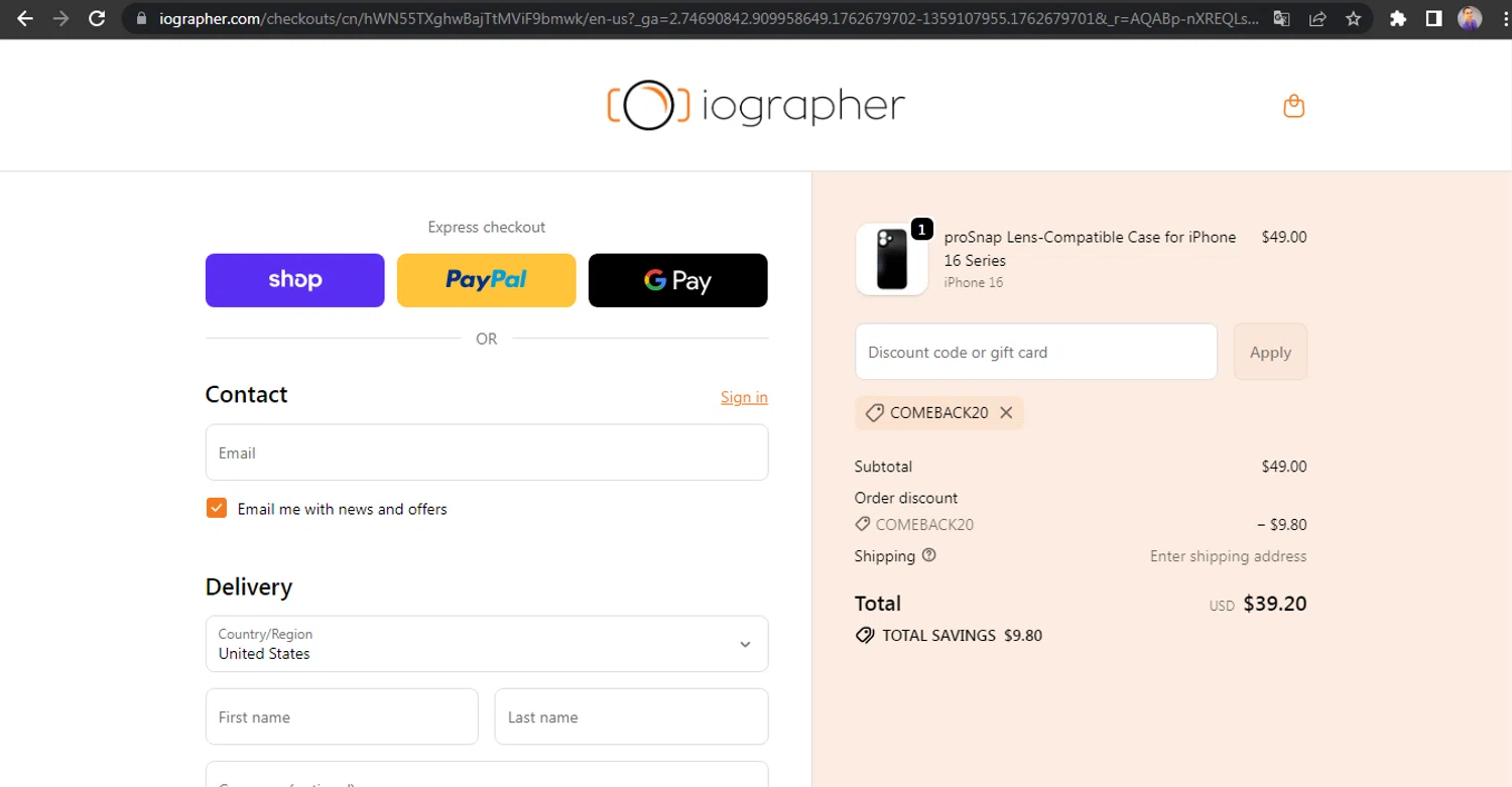 iOgrapher discount code screenshot showing code COMEBACK20 applied at iOgrapher checkout page. Uploaded by SimplyCodes community member HUNTER1406 on Nov 9, 2025