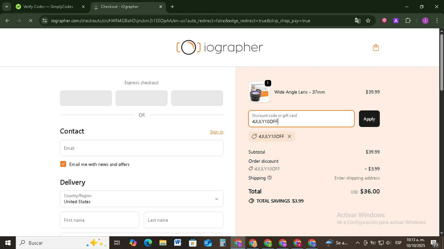 iOgrapher discount code screenshot showing code 4JULY10OFF applied at iOgrapher checkout page. Uploaded by SimplyCodes community member Tazbravo on Oct 18, 2025