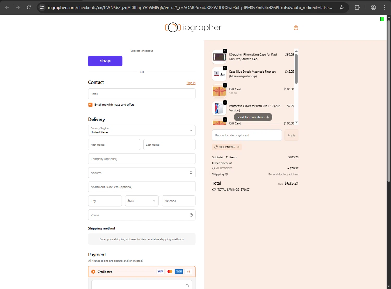 iOgrapher discount code screenshot showing code 4JULY10OFF applied at iOgrapher checkout page. Uploaded by SimplyCodes community member luffyreturn on Dec 6, 2025