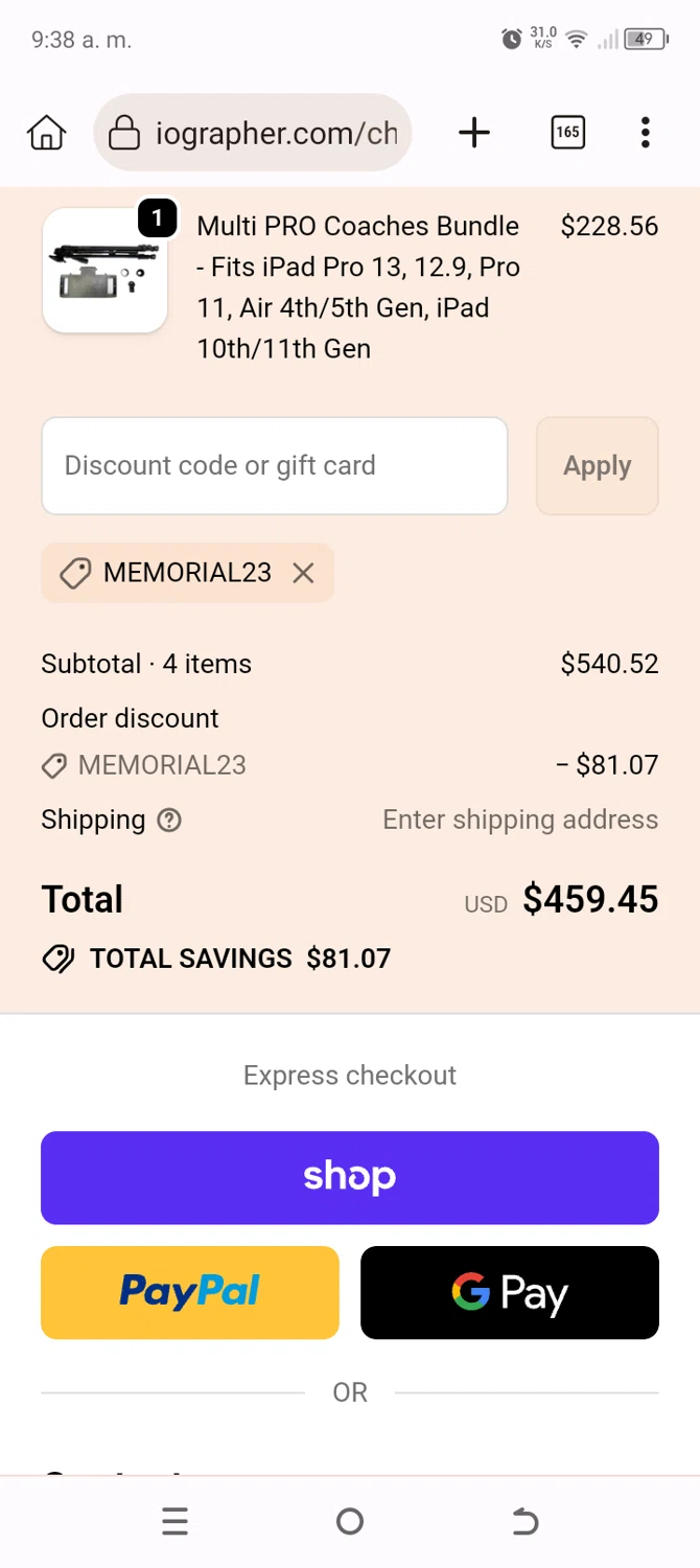 iOgrapher discount code screenshot showing code MEMORIAL23 applied at iOgrapher checkout page. Uploaded by SimplyCodes community member BonusChaser4306 on Oct 18, 2025