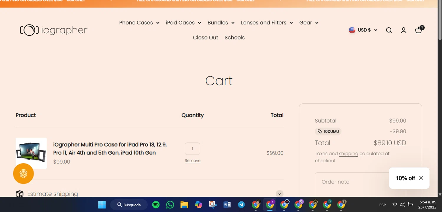 iOgrapher discount code screenshot showing code 10DUMU applied at iOgrapher checkout page. Uploaded by SimplyCodes community member Lamadama on Jul 25, 2025
