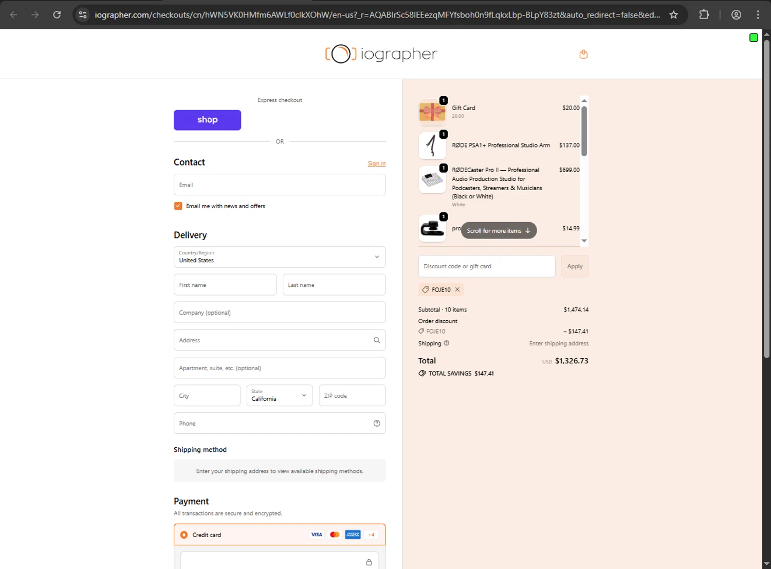 iOgrapher discount code screenshot showing code FOJE10 applied at iOgrapher checkout page. Uploaded by SimplyCodes community member kaiserser on Nov 20, 2025