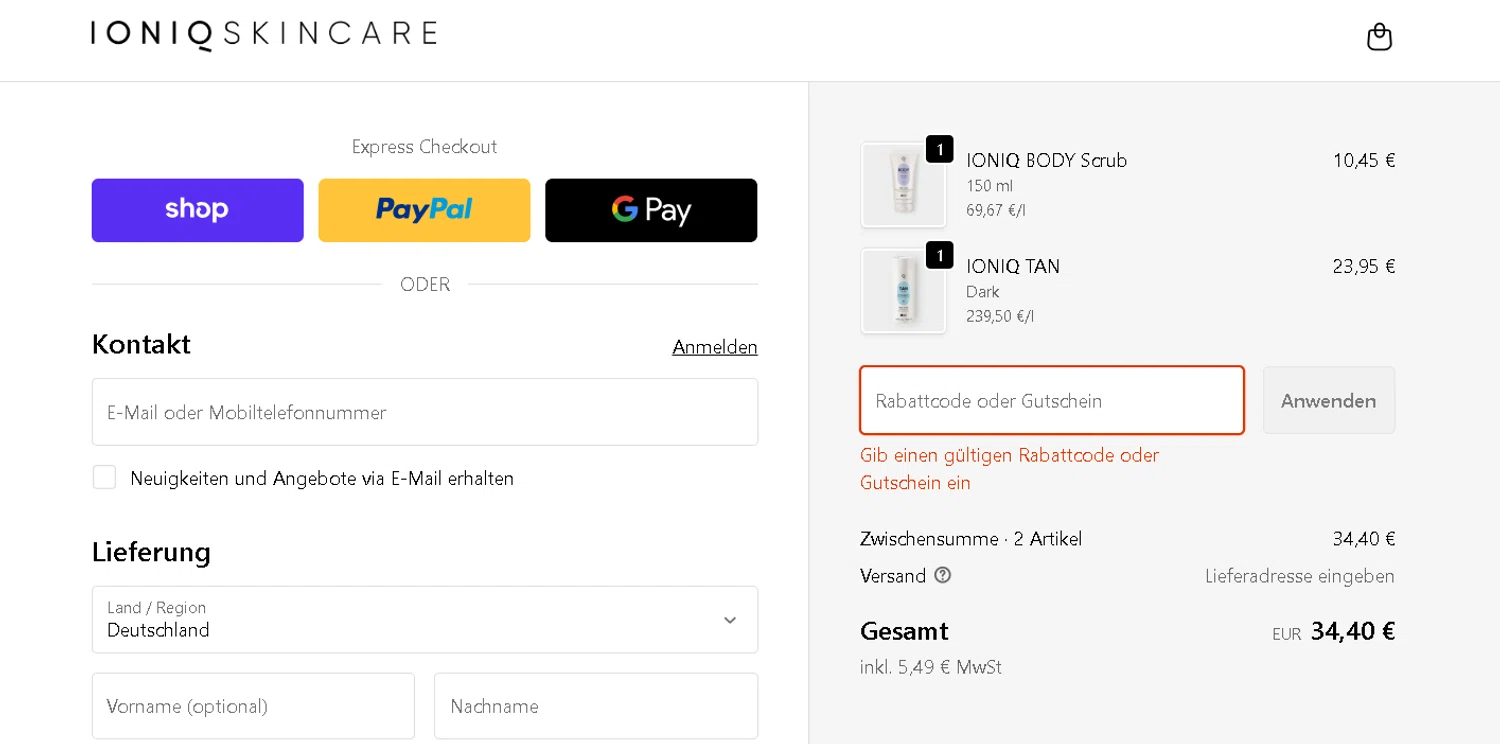 IONIQ Skincare promo code screenshot showing code WELCOME10 applied at IONIQ Skincare checkout page. Uploaded by SimplyCodes community member BargainPhoenix231 on Nov 25, 2025