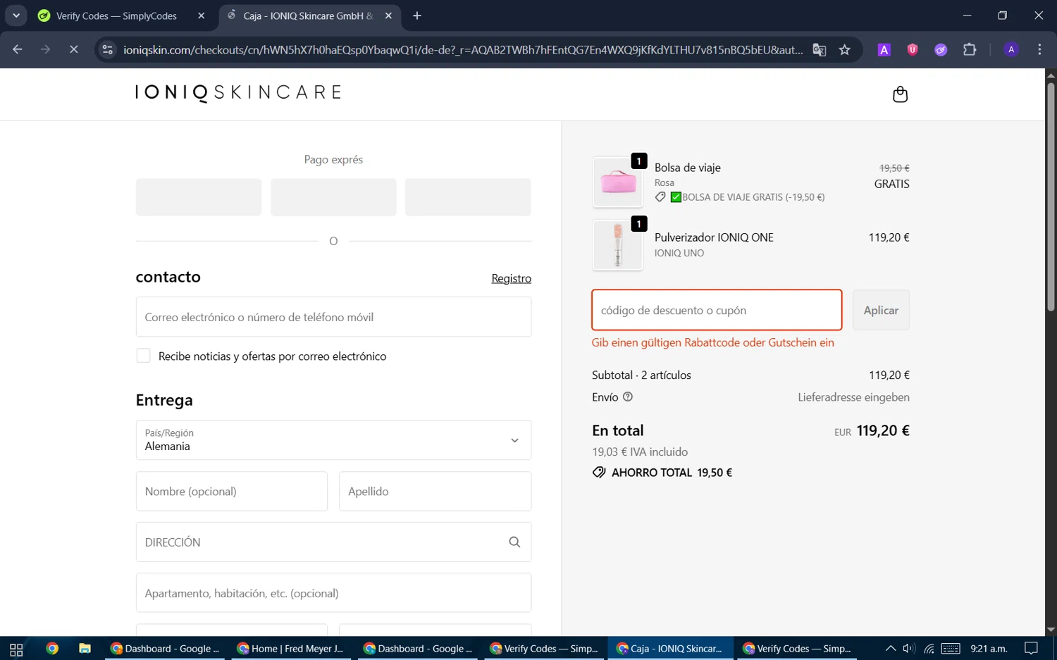 IONIQ Skincare promo code screenshot showing code WELCOME10 applied at IONIQ Skincare checkout page. Uploaded by SimplyCodes community member ThriftySentinel2853 on Nov 25, 2025