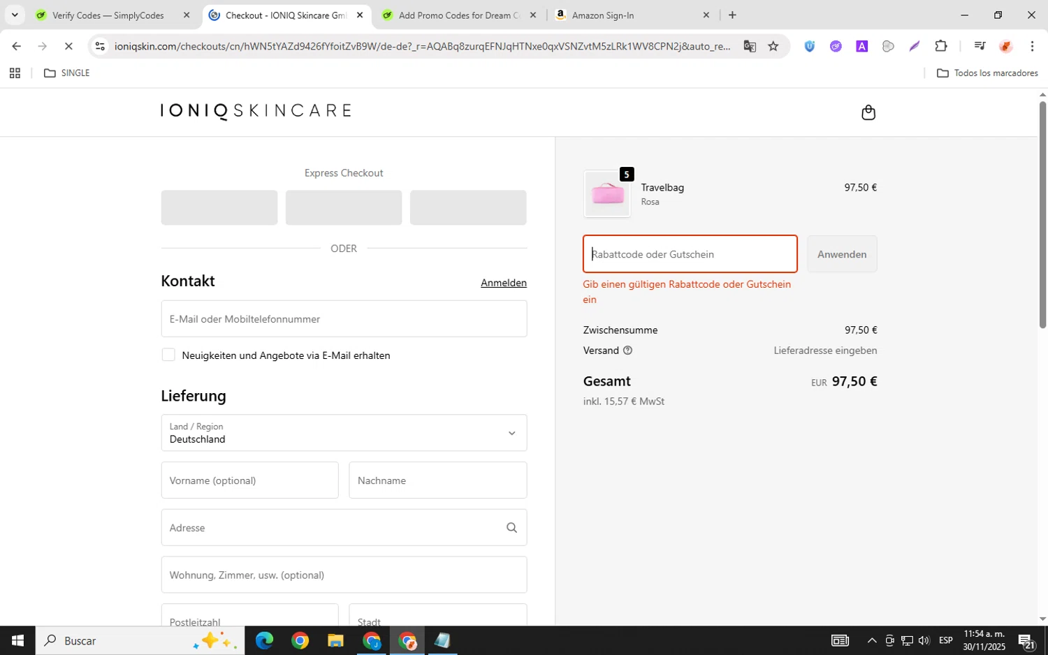 IONIQ Skincare promo code screenshot showing code Thankyou10 applied at IONIQ Skincare checkout page. Uploaded by SimplyCodes community member chemozavala on Nov 30, 2025