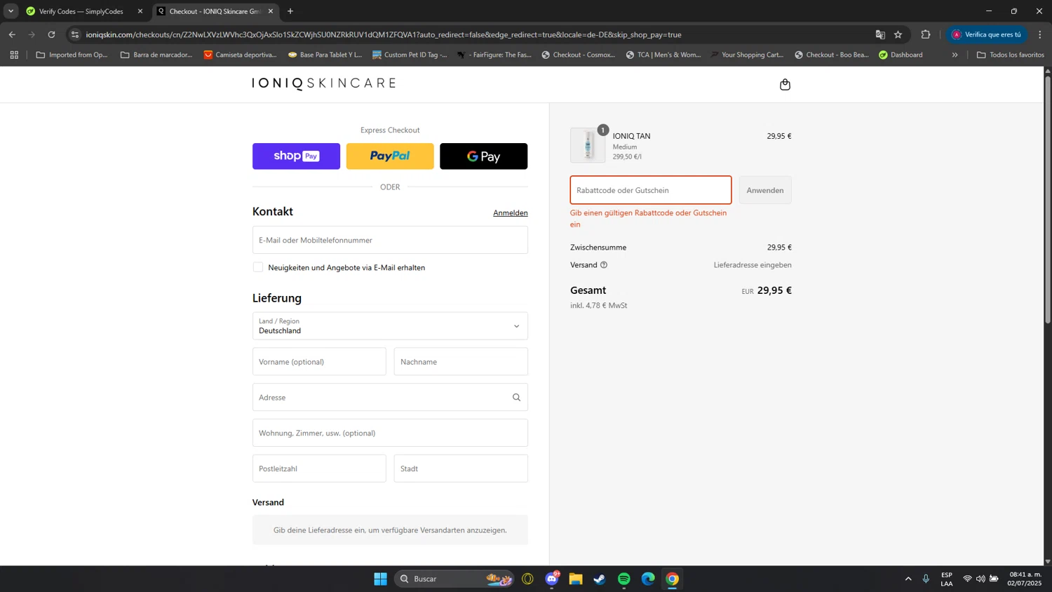 IONIQ Skincare promo code screenshot showing code SUN30 applied at IONIQ Skincare checkout page. Uploaded by SimplyCodes community member Gatopan on Jul 2, 2025