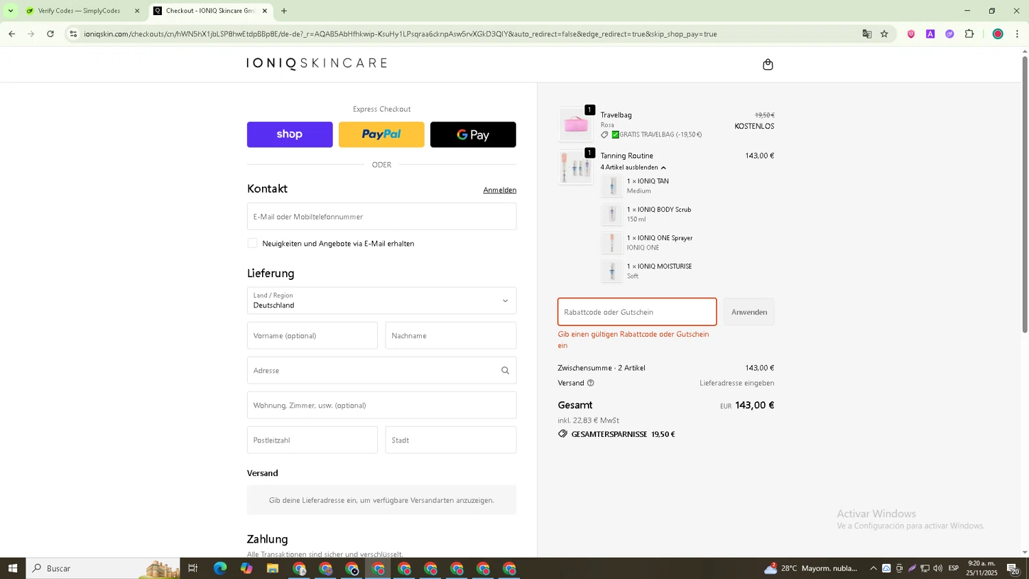 IONIQ Skincare promo code screenshot showing code Friends20 applied at IONIQ Skincare checkout page. Uploaded by SimplyCodes community member Joseph_Davis on Nov 25, 2025