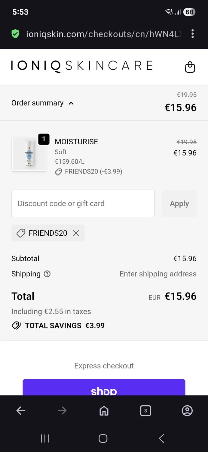 IONIQ Skincare promo code screenshot showing code Friends20 applied at IONIQ Skincare checkout page. Uploaded by SimplyCodes community member BB9542251456527 on Oct 20, 2025