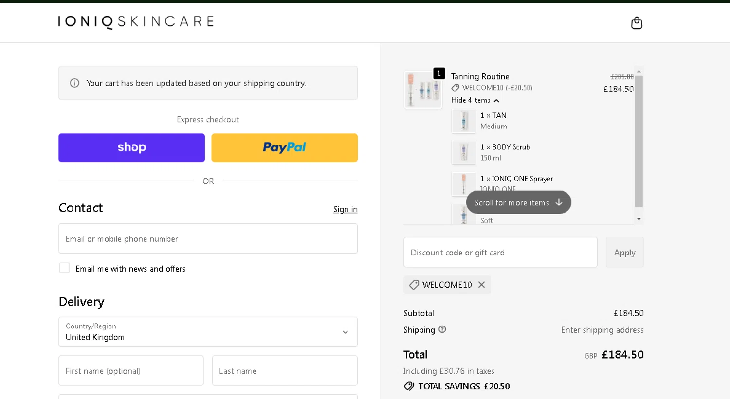 IONIQ Skincare promo code screenshot showing code WELCOME10 applied at IONIQ Skincare checkout page. Uploaded by SimplyCodes community member OnlywM on Dec 10, 2025