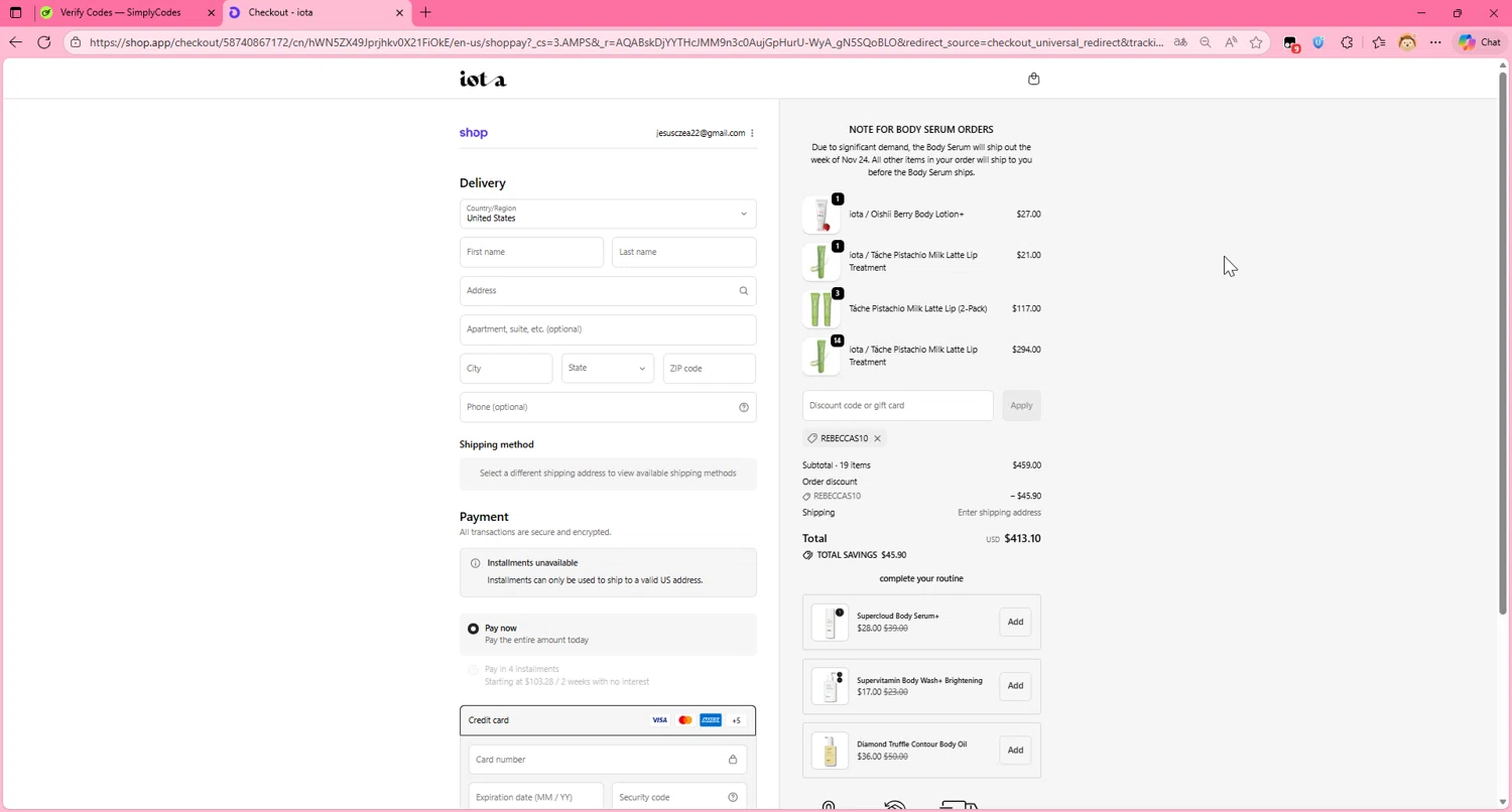 iota body discount code screenshot showing code REBECCAS10 applied at iota body checkout page. Uploaded by SimplyCodes community member murraytopsom on Nov 22, 2025