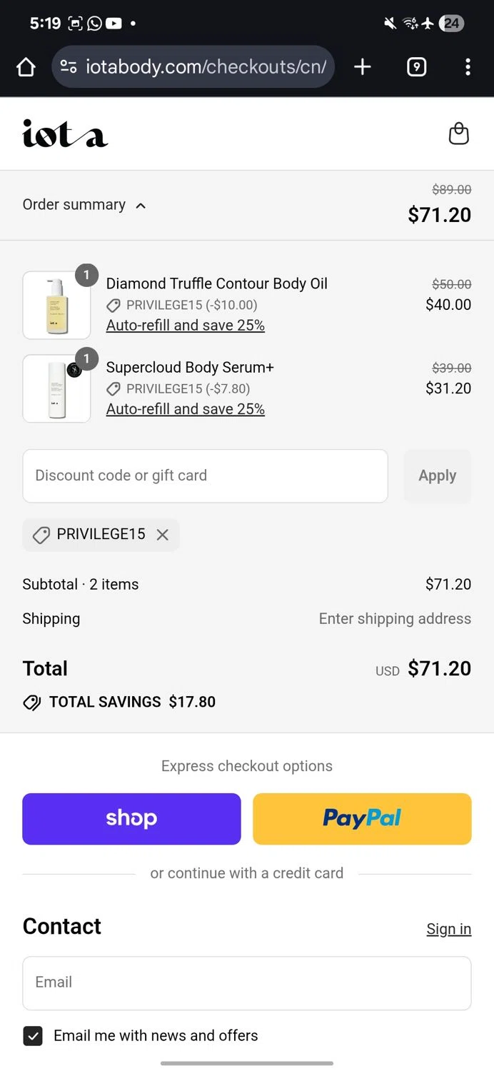 iota body discount code screenshot showing code PRIVILEGE15 applied at iota body checkout page. Uploaded by SimplyCodes community member KataldoMustafack on Sep 10, 2025