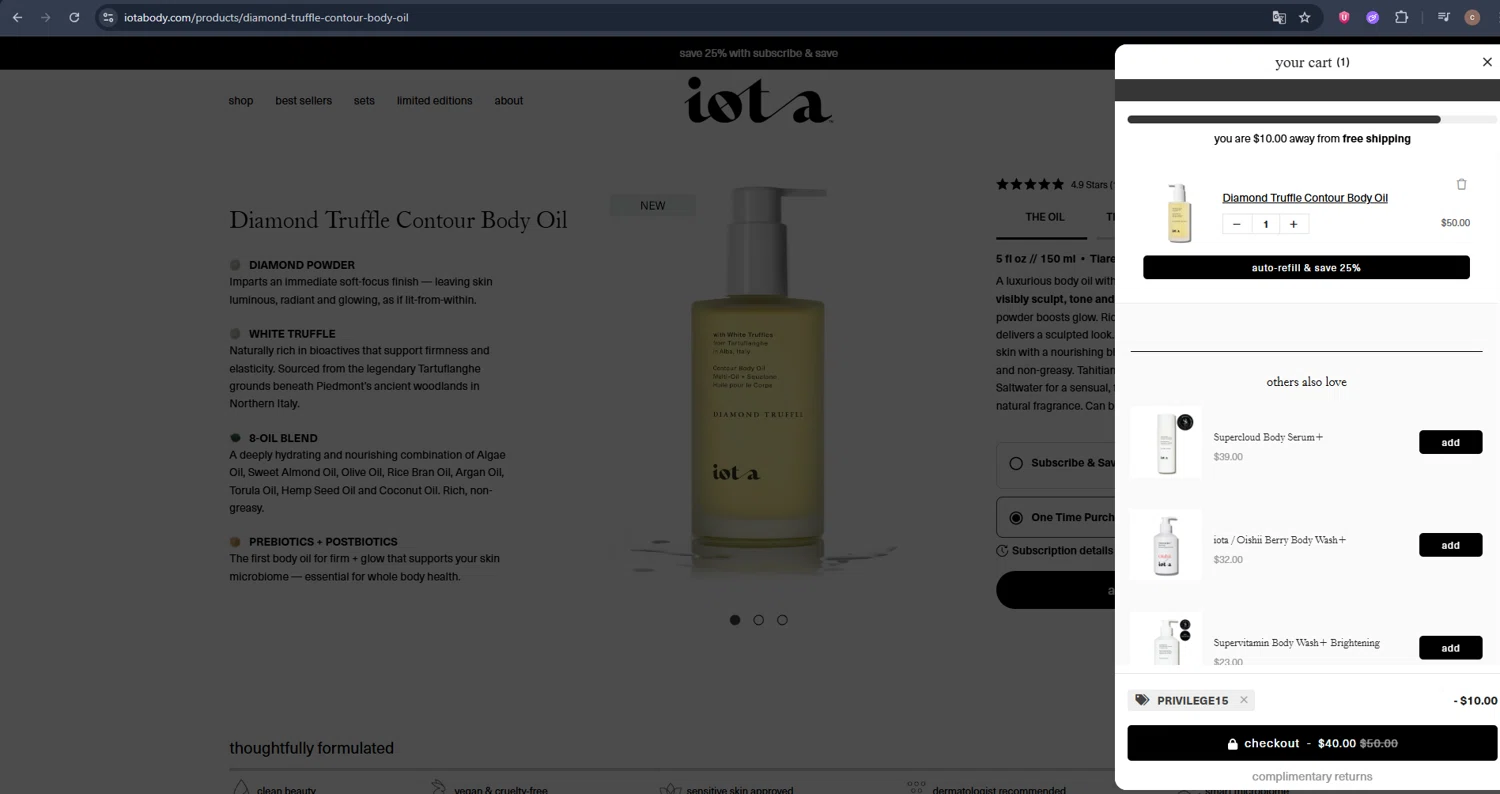 iota body discount code screenshot showing code PRIVILEGE15 applied at iota body checkout page. Uploaded by SimplyCodes community member VoucherSleuth2594 on Nov 16, 2025