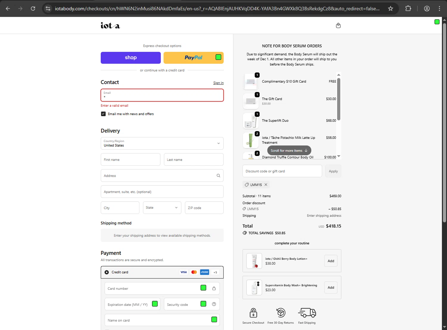 iota body discount code screenshot showing code LMM15 applied at iota body checkout page. Uploaded by SimplyCodes community member webiwabo on Dec 13, 2025