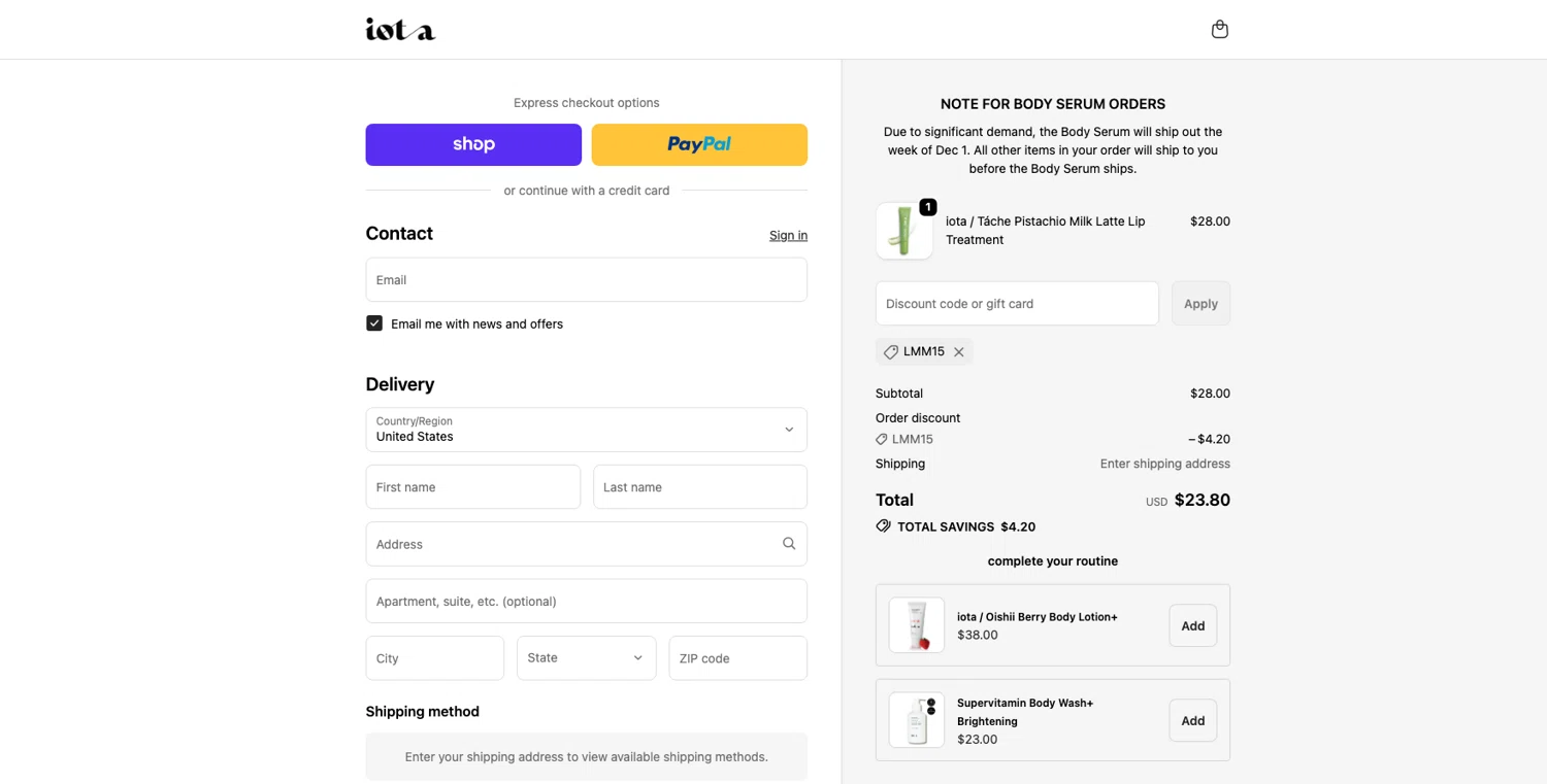 iota body discount code screenshot showing code LMM15 applied at iota body checkout page. Uploaded by SimplyCodes community member ELOIN777 on Dec 13, 2025