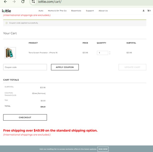 Iottie checkout page showing Iottie promo code box | Screenshot taken by SimplyCodes community member on Jul 24, 2025