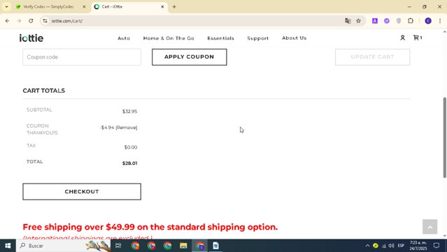 Iottie checkout page showing Iottie promo code box | Screenshot taken by SimplyCodes community member on Jul 24, 2025