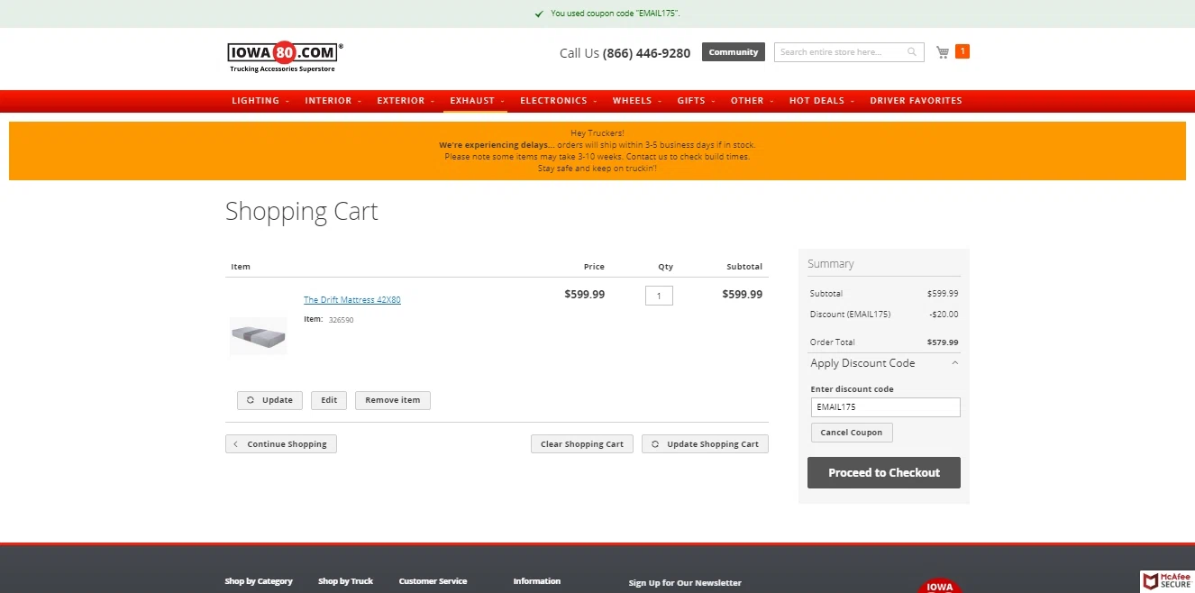 Iowa80.com checkout page showing Iowa80.com discount code box | Screenshot taken by SimplyCodes community member on Mar 11, 2021