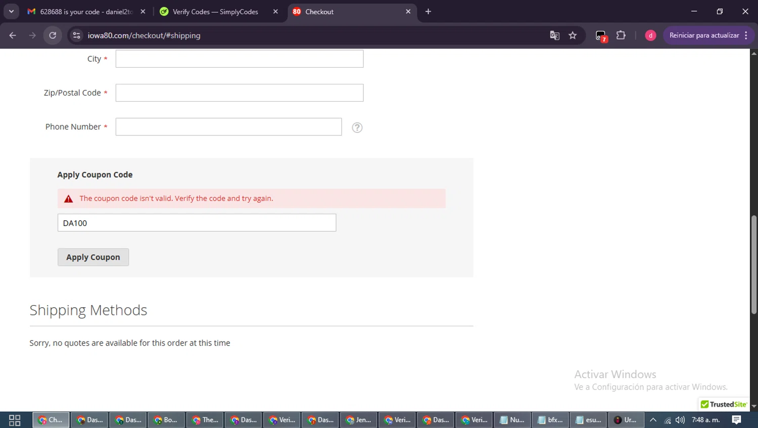 Iowa80.com discount code screenshot showing code DA100 applied at Iowa80.com checkout page. Uploaded by SimplyCodes community member MagnificentSpotter4236 on Oct 14, 2025