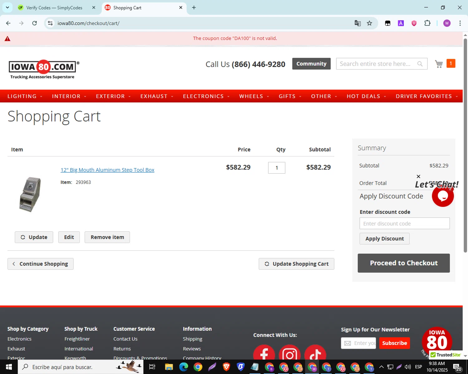 Iowa80.com discount code screenshot showing code DA100 applied at Iowa80.com checkout page. Uploaded by SimplyCodes community member SwiftScout6682 on Oct 14, 2025