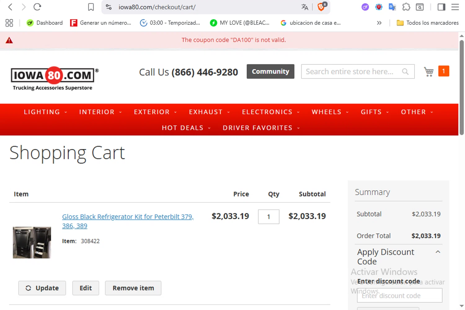 Iowa80.com discount code screenshot showing code DA100 applied at Iowa80.com checkout page. Uploaded by SimplyCodes community member VoucherFalcon3942 on Oct 14, 2025