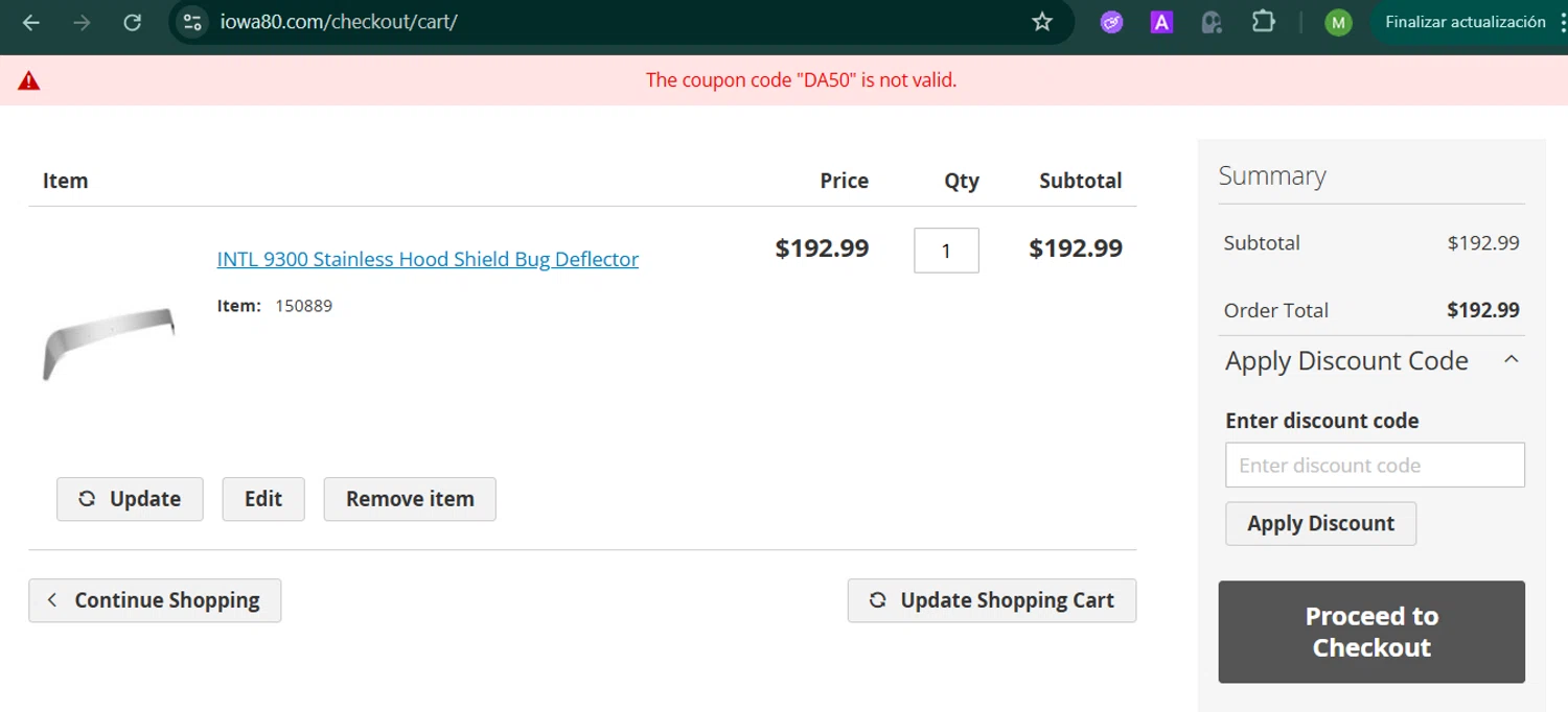 Iowa80.com discount code screenshot showing code DA50 applied at Iowa80.com checkout page. Uploaded by SimplyCodes community member MARCVH on Oct 14, 2025