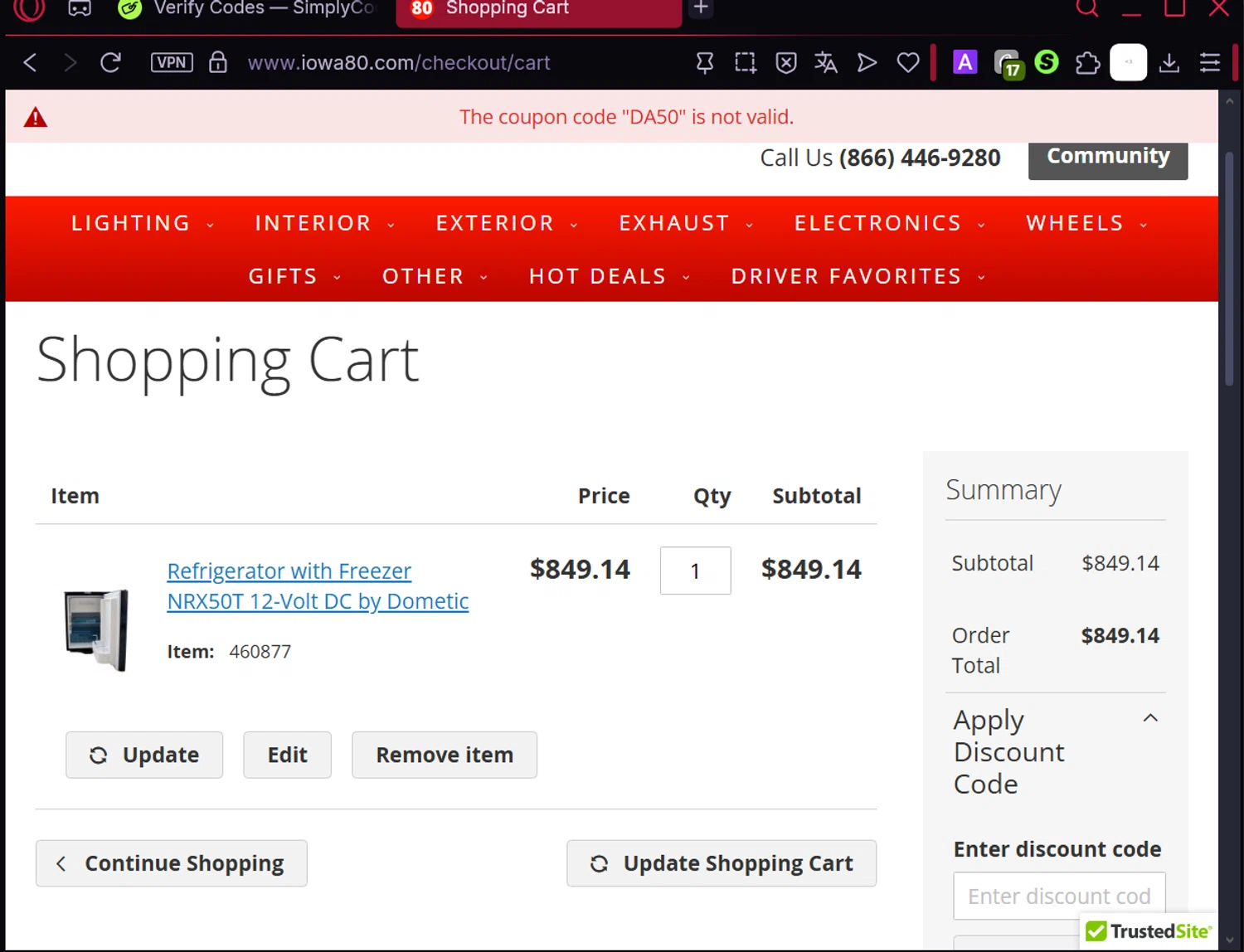 Iowa80.com discount code screenshot showing code DA50 applied at Iowa80.com checkout page. Uploaded by SimplyCodes community member SmartGenius4250 on Oct 14, 2025