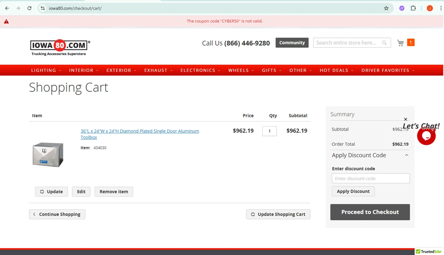Iowa80.com discount code screenshot showing code CYBER50 applied at Iowa80.com checkout page. Uploaded by SimplyCodes community member chus007 on Dec 9, 2025