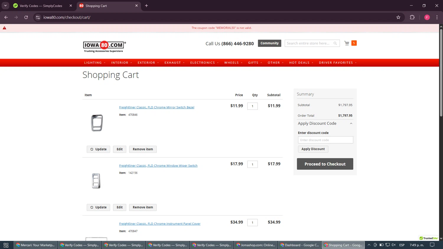 Iowa80.com discount code screenshot showing code MEMORIAL50 applied at Iowa80.com checkout page. Uploaded by SimplyCodes community member Burbuja on Jun 24, 2025