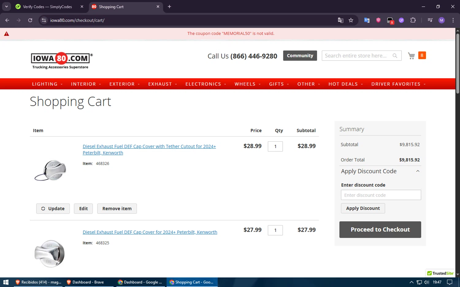 Iowa80.com discount code screenshot showing code MEMORIAL50 applied at Iowa80.com checkout page. Uploaded by SimplyCodes community member ShieldElite2370 on Jun 24, 2025