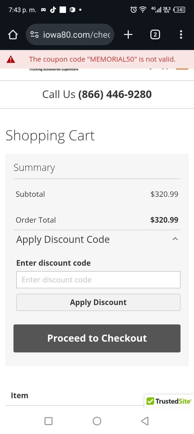 Iowa80.com discount code screenshot showing code MEMORIAL50 applied at Iowa80.com checkout page. Uploaded by SimplyCodes community member billgates0997923425561 on Jun 24, 2025