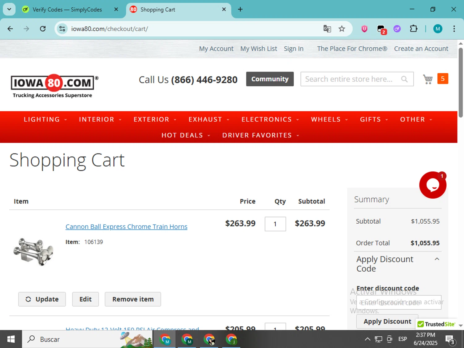 Iowa80.com discount code screenshot showing code MEMORIAL100 applied at Iowa80.com checkout page. Uploaded by SimplyCodes community member estrellaveloz on Jun 24, 2025