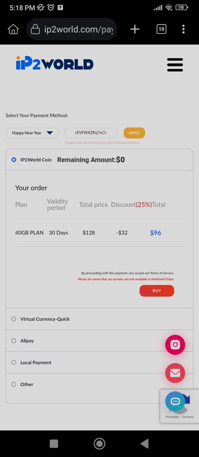 IP2World checkout page showing IP2World coupon code box | Screenshot taken by SimplyCodes community member on Feb 1, 2025