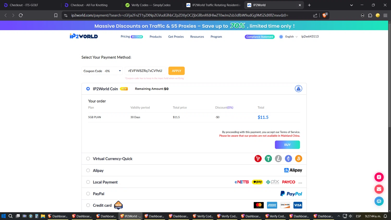 IP2World coupon code screenshot showing code rEVFW8ZRq7xCV9eU applied at IP2World checkout page. Uploaded by SimplyCodes community member ZoilaPerrita on Mar 28, 2025