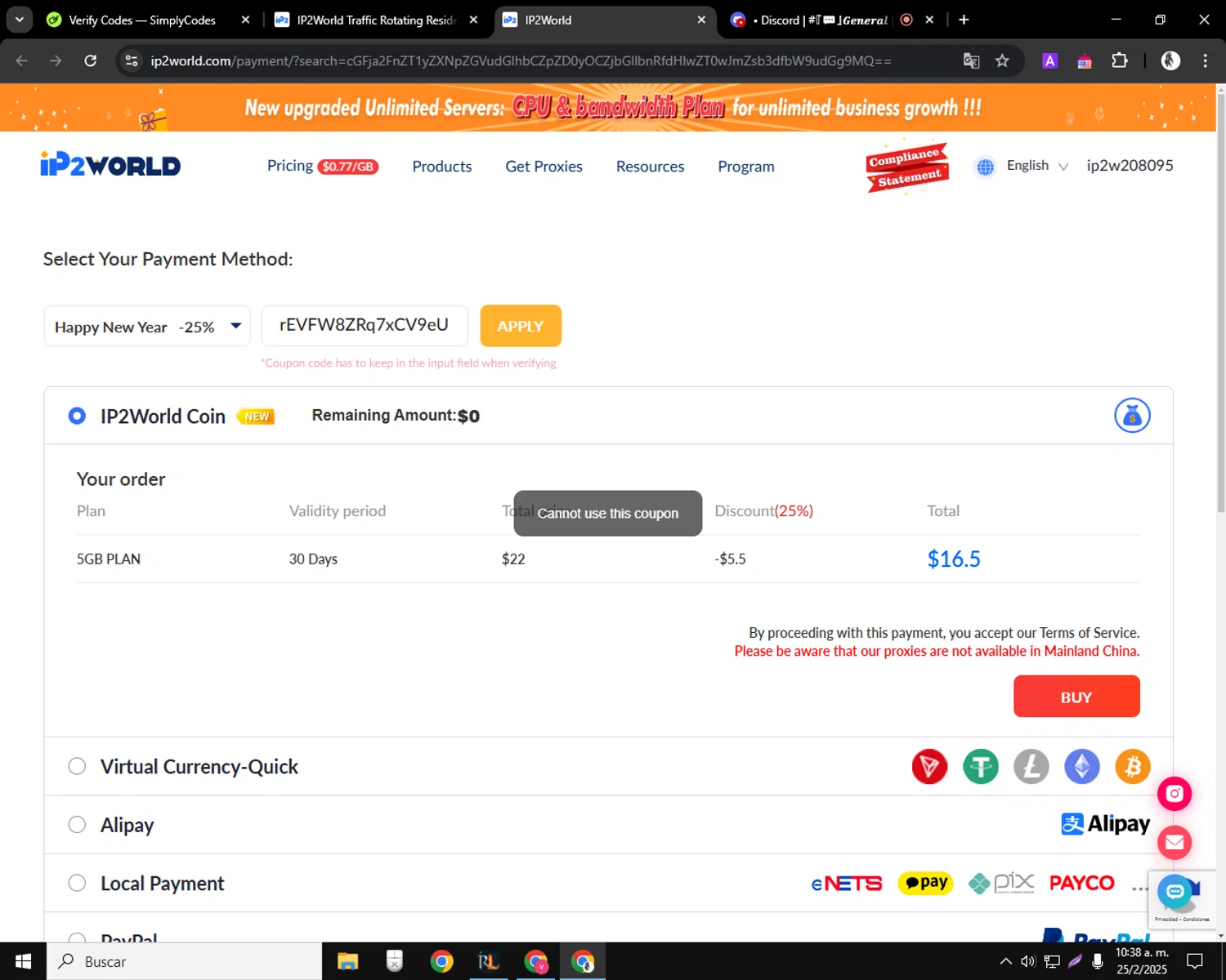 IP2World coupon code screenshot showing code rEVFW8ZRq7xCV9eU applied at IP2World checkout page. Uploaded by SimplyCodes community member CleverSentinel9441 on Feb 25, 2025