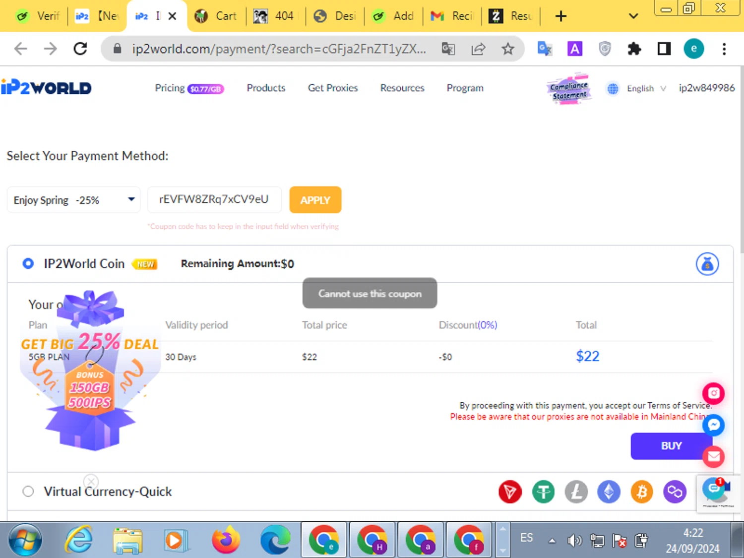 IP2World checkout page showing IP2World coupon code box | Screenshot taken by SimplyCodes community member on Sep 24, 2024