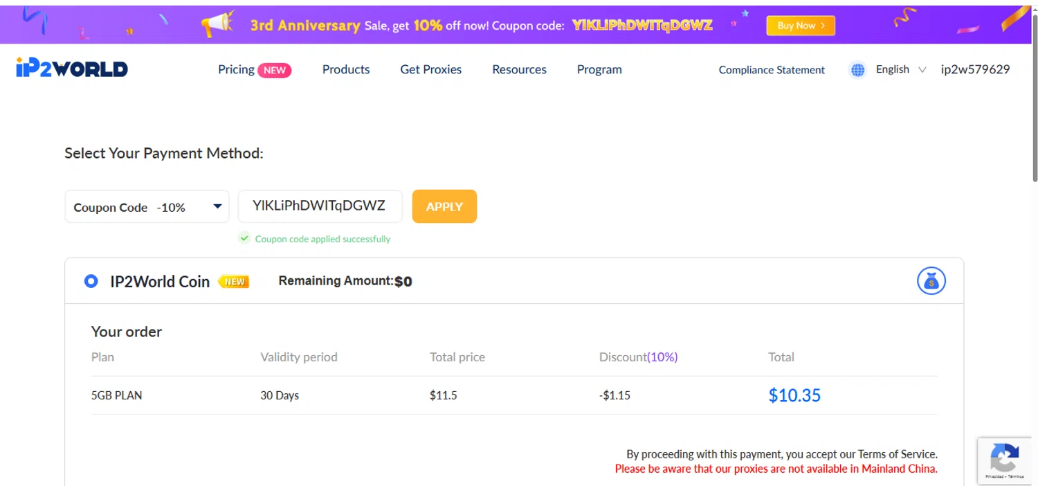 IP2World coupon code screenshot showing code YlKLiPhDWITqDGWZ applied at IP2World checkout page. Uploaded by SimplyCodes community member shark12 on Aug 30, 2025