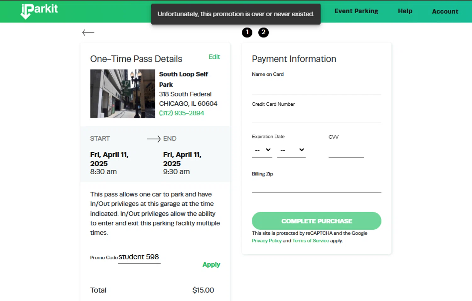 iParkit promo code screenshot showing code student 598 applied at iParkit checkout page. Uploaded by SimplyCodes community member SimplyCVerlie on Apr 11, 2025