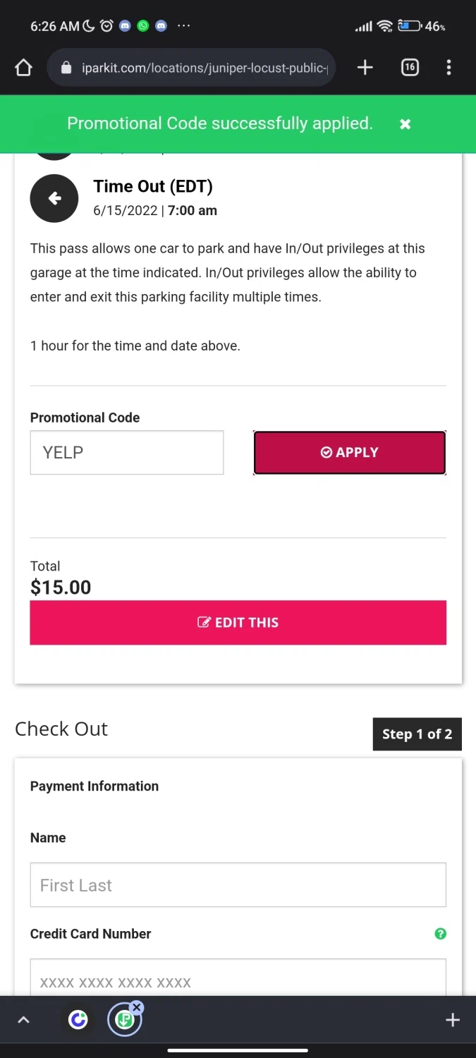 iParkit checkout page showing iParkit promo code box | Screenshot taken by SimplyCodes community member on Jun 15, 2022