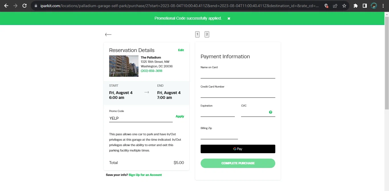 iParkit checkout page showing iParkit promo code box | Screenshot taken by SimplyCodes community member on Aug 4, 2023