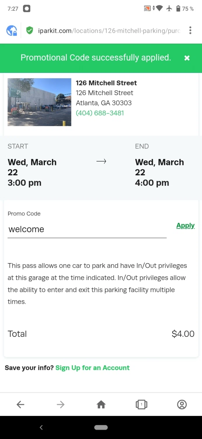 iParkit checkout page showing iParkit promo code box | Screenshot taken by SimplyCodes community member on Mar 14, 2023