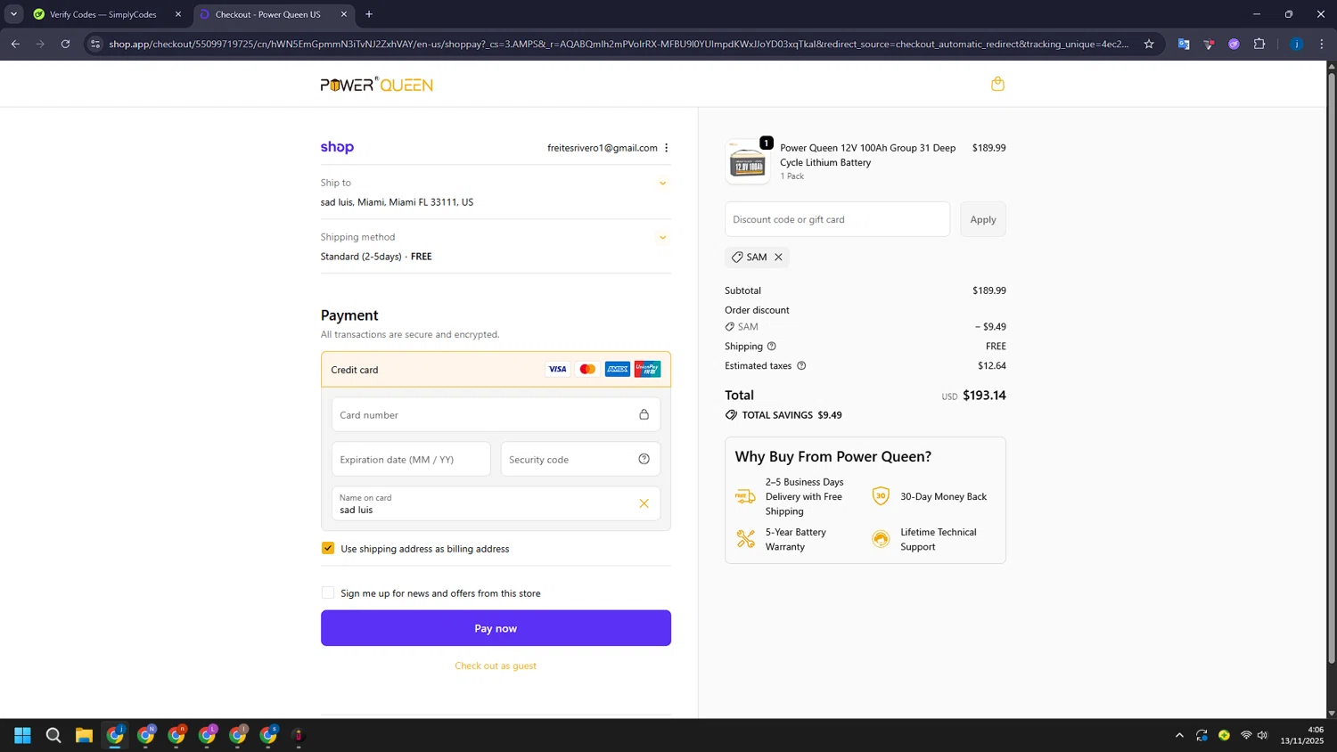 Power Queen discount code screenshot showing code SAM applied at Power Queen checkout page. Uploaded by SimplyCodes community member CashLegend3767 on Nov 13, 2025