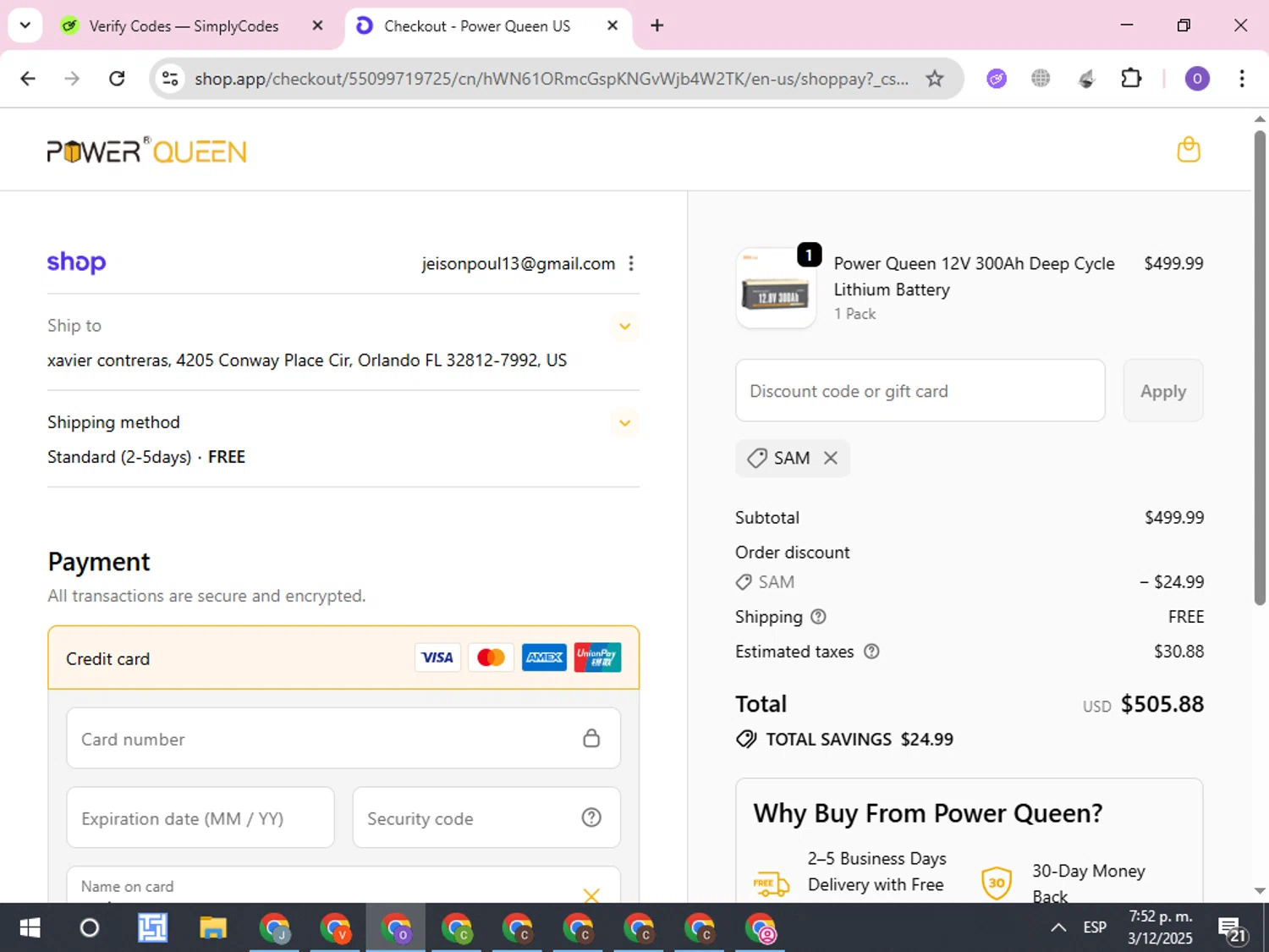 Power Queen discount code screenshot showing code SAM applied at Power Queen checkout page. Uploaded by SimplyCodes community member CleverLynx8245 on Dec 3, 2025