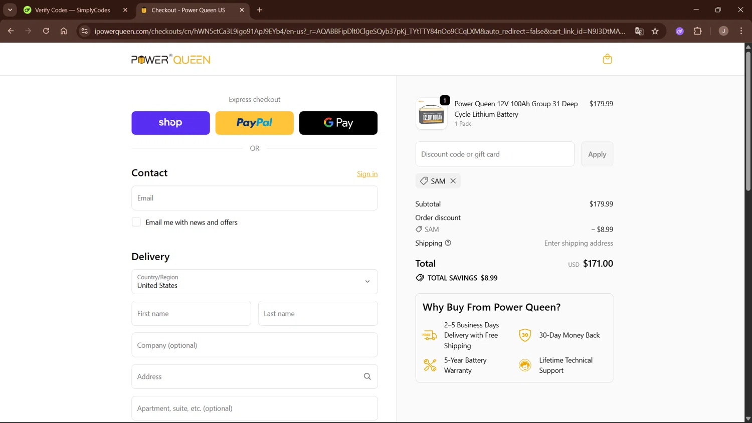 Power Queen discount code screenshot showing code SAM applied at Power Queen checkout page. Uploaded by SimplyCodes community member WisePro3955 on Nov 23, 2025