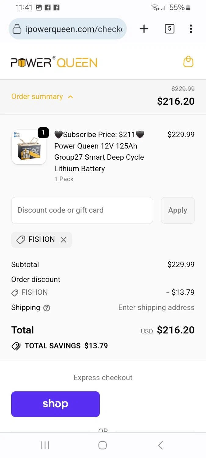 Power Queen discount code screenshot showing code FishOn applied at Power Queen checkout page. Uploaded by SimplyCodes community member ScanMaverick9378 on Nov 28, 2025