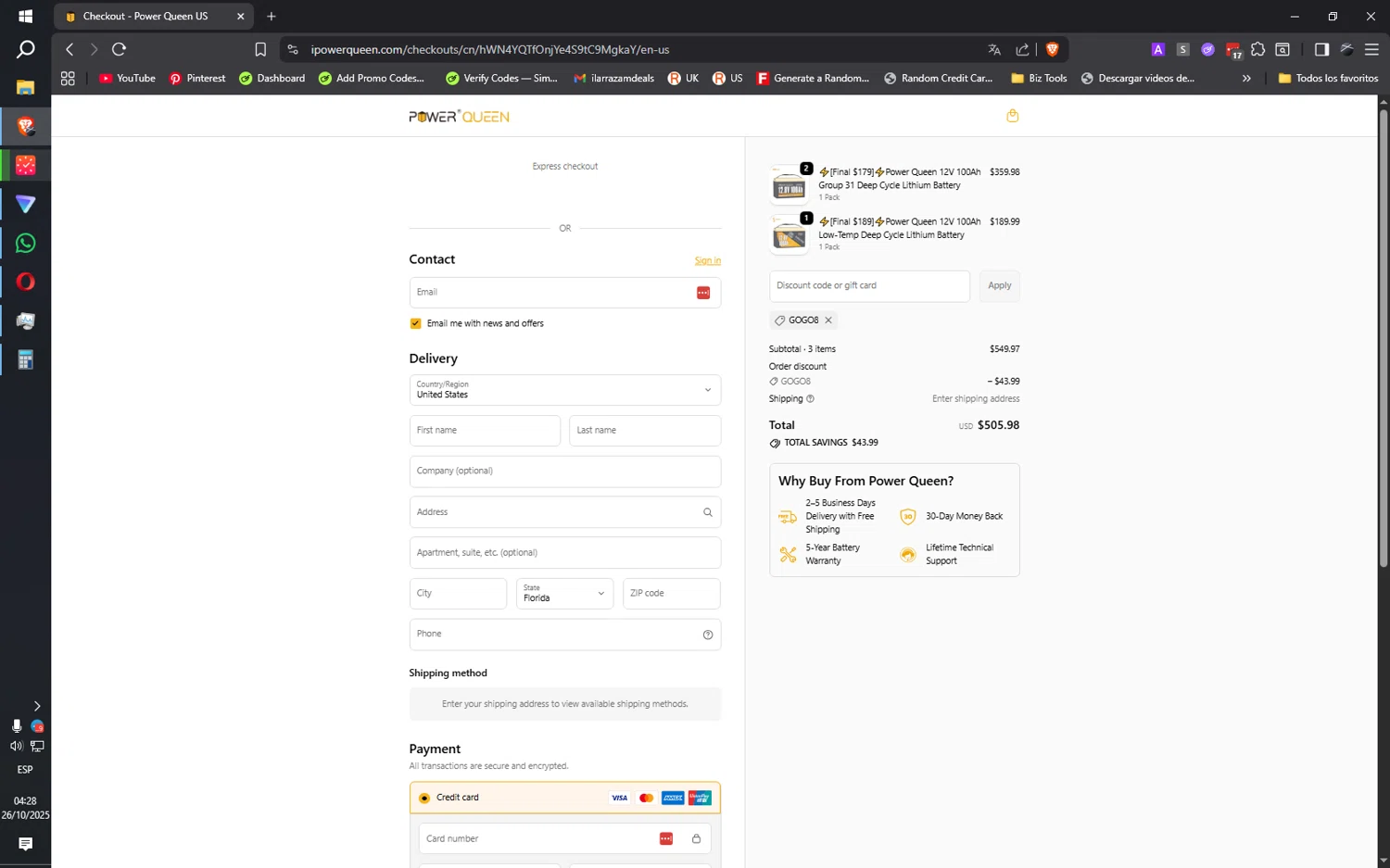 Power Queen discount code screenshot showing code GOGO8 applied at Power Queen checkout page. Uploaded by SimplyCodes community member ilarrazaM1 on Oct 26, 2025